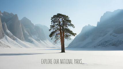 Solitary tree standing in a snow-covered valley surrounded by towering mountains under a clear blue sky