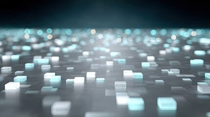 Obraz premium Abstract Background with Glowing Cubes on Dark Surface Futuristic Technology Concept with Bokeh Lights Soft Focus and Metallic Sheen