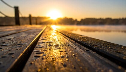 Sunrise over a frozen lake, close-up of a wooden pier