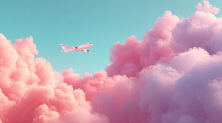 A pastel-toned plane in a pink-cloud sky