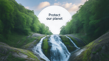 A serene forest waterfall with lush greenery and a call to protect the planet