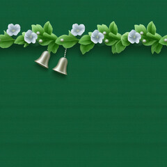 Green background floral garland white flower green leaf silver bell festive decorative celebration nature elegant green background with decorative garland of green leaves white flowers and silver