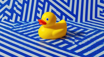 Yellow rubber duck on a blue and white patterned surface