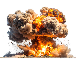 Massive explosion, fiery debris, billowing smoke