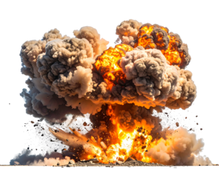 Massive explosion, fiery debris, billowing smoke