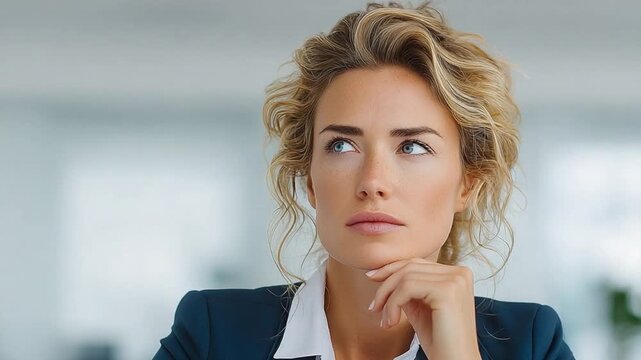 Strategic Thought: A poised businesswoman thoughtfully contemplates, embodying focus and determination in this professional setting.