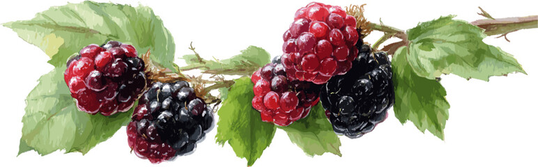 Red and black berries on a tree branch with green leaves, clipart style isolated on a white background. Vector illustration