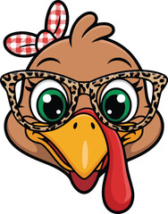 Cartoon turkey head wearing leopard print glasses and red checkered bow looks humorous against white