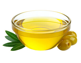 Clear bowl of golden olive oil with olives and leaves
