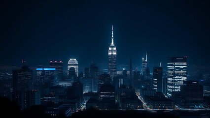 Fototapeta premium A city skyline illuminated at night with long exposure and deep blue tones.