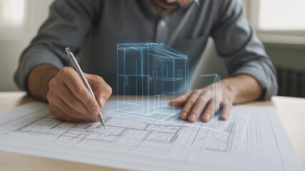 Architect drawing house plans with 3D digital model overlay at desk