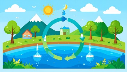Illustrated diagram of the water cycle in a natural landscape with mountains, trees, and a river, showing evaporation, condensation, and precipitation.