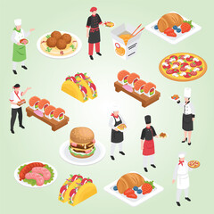 Isometric Illustration of Global Cuisine with Chefs Serving Various Dishes