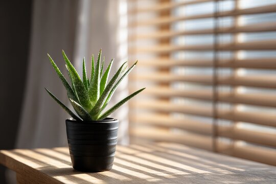 Small succulent plant in a dark pot, by a window with blinds - Powered by Adobe