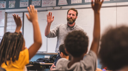 Enthusiastic teacher engaging with students in classroom setting with raised hands during lesson, promoting interaction and participation among children in learning environment