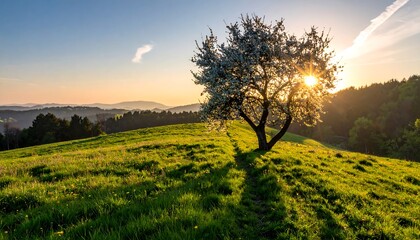 Sunrise over a hill with blossoming tree
