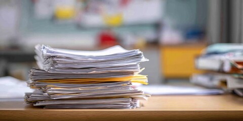 Professional stacked homework assignments on teacher desk in classroom, modern education concept for authentic academic workload marketing content