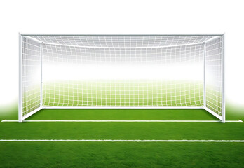Fototapeta premium Green grass on a soccer field or pitch with a white goal net ready for a game or sport