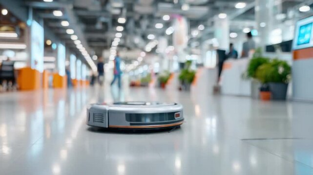 Autonomous Cleaning Robot in Modern Interior:  A sleek, autonomous robot vacuum cleaner navigates a spacious modern interior, showcasing technological advancements in home automation and ease of use.