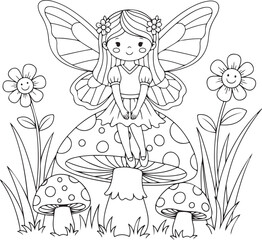 Simple cartoon mushroom illustration with grass for coloring books and activities