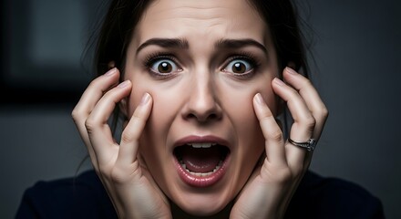 A close-up portrait reveals a woman's intense fear, with wide-eyed terror and an open-mouthed scream.  Her hands cover her face, amplifying the emotion in this dramatic image.