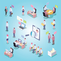 Isometric Job Search and Human Resource Management People Illustration Background