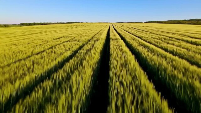 Vast golden wheat field with parallel rows
