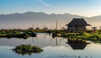 Sunrise over a lake village