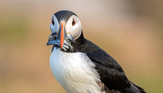A seabird with a beak full of small fish