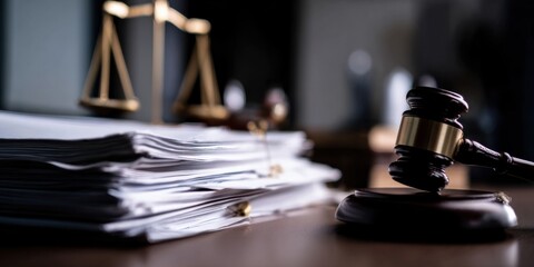 Professional Legal Gavel and Courtroom Documents with Justice Scales Modern High-Quality Corporate Content for Law Firm Marketing and Advertising