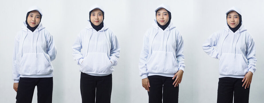 Set collection or collage of Asian muslim female model wearing white hoodie and cap that can be edit for mockup design isolated on white background