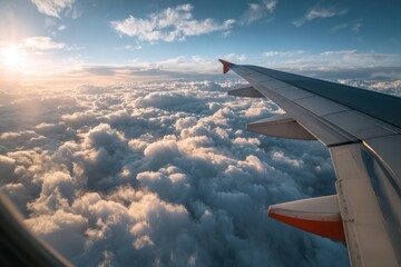 Fototapeta premium Airplane wing over a vast cloud field at sunset