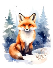 Fototapeta premium Watercolor fox in snowy forest