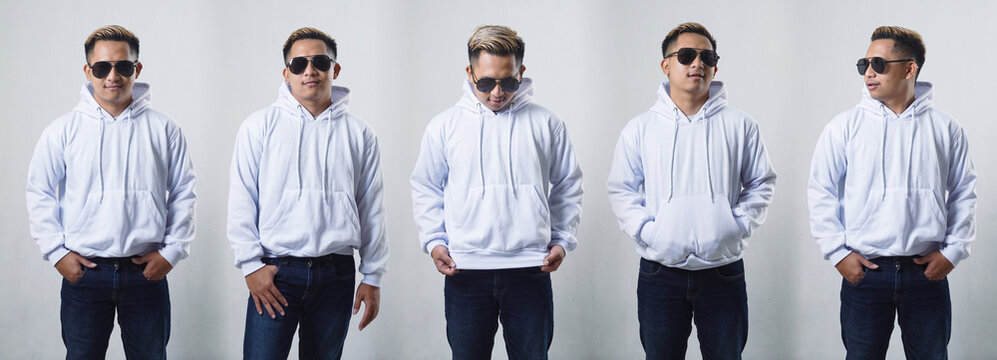 Set collection or collage of cool Asian male model wearing white hoodie that can be edit for mockup design isolated on white background