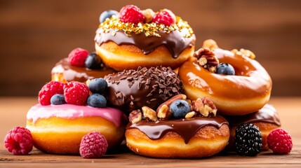 Delicious Donut Delight: A mouthwatering assortment of gourmet donuts stacked high on a wooden surface. These artisanal treats, each lavishly decorated with vibrant fruits, nuts, and luscious glazes.