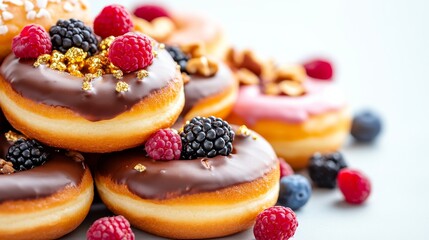 Delicious Donuts: A close-up view of a collection of gourmet donuts with various toppings, arranged artfully, evoking a sense of sweetness and indulgence.