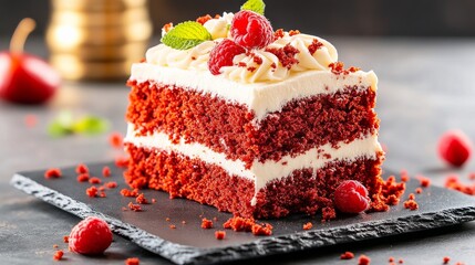 Red Velvet Cake Delight: A single, exquisite slice of red velvet cake is presented, showcasing its rich, vibrant layers and delightful creamy frosting, complete with fresh raspberries.