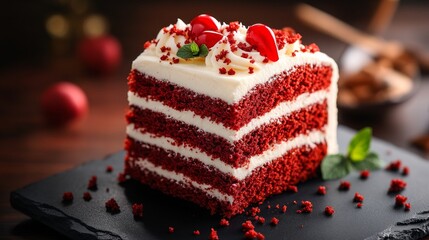 Red Velvet Cake Delight: A mouthwatering slice of red velvet cake, adorned with cream cheese frosting and fresh berries, presented on a slate board, ready to satisfy your sweet cravings. 