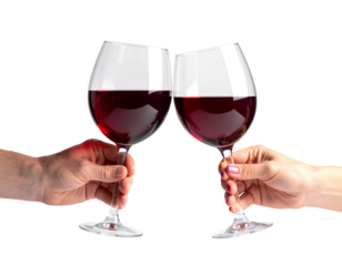 Two hands clink wine glasses, celebration
