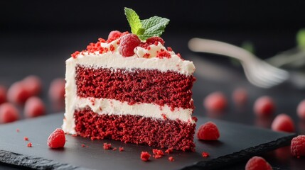 Slice of Red Velvet Cake: A mouthwatering slice of red velvet cake with layers of fluffy cream, garnished with fresh raspberries and mint, set against an elegantly styled background.