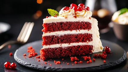 Decadent Slice of Red Velvet Cake: A stunning slice of red velvet cake on a slate, its moist layers separated by luscious cream cheese frosting, garnished with fresh berries and a mint leaf.