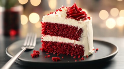 Delectable Slice of Red Velvet Cake: A tantalizing slice of red velvet cake, meticulously decorated with creamy frosting, presented on a stylish plate, ready to indulge your sweet tooth.