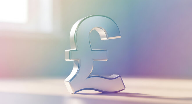 A gleaming silver British Pound sterling currency symbol stands prominently on a light surface with a soft, blurred pastel background.