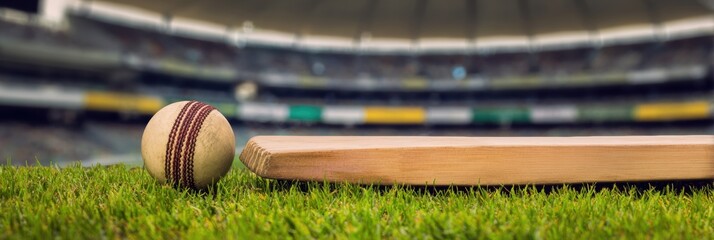 High-Quality Cricket Ball and Bat on Green Field with Stadium Background Modern Sports Equipment for Professional Marketing and Advertising Campaigns