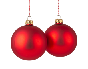 Two red Christmas ornaments hanging