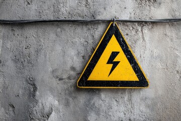 A yellow and black high voltage warning sign hangs against a textured gray wall from a wire