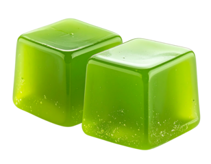 Two vibrant green, square, translucent jelly cubes