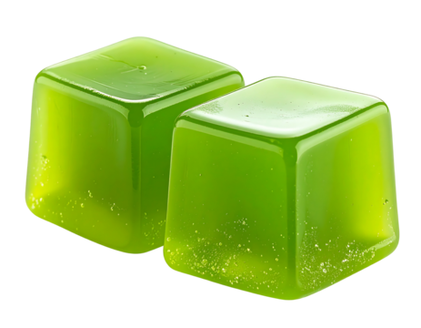 Two vibrant green, square, translucent jelly cubes