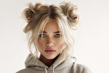 Fototapeta premium A close-up of a beautiful blonde woman with long wavy hair styled in two buns, wearing casual clothing; she has charming eyes and lips.
