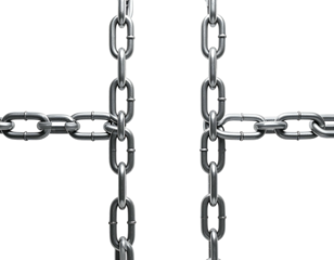 Two intersecting metal chains against black background